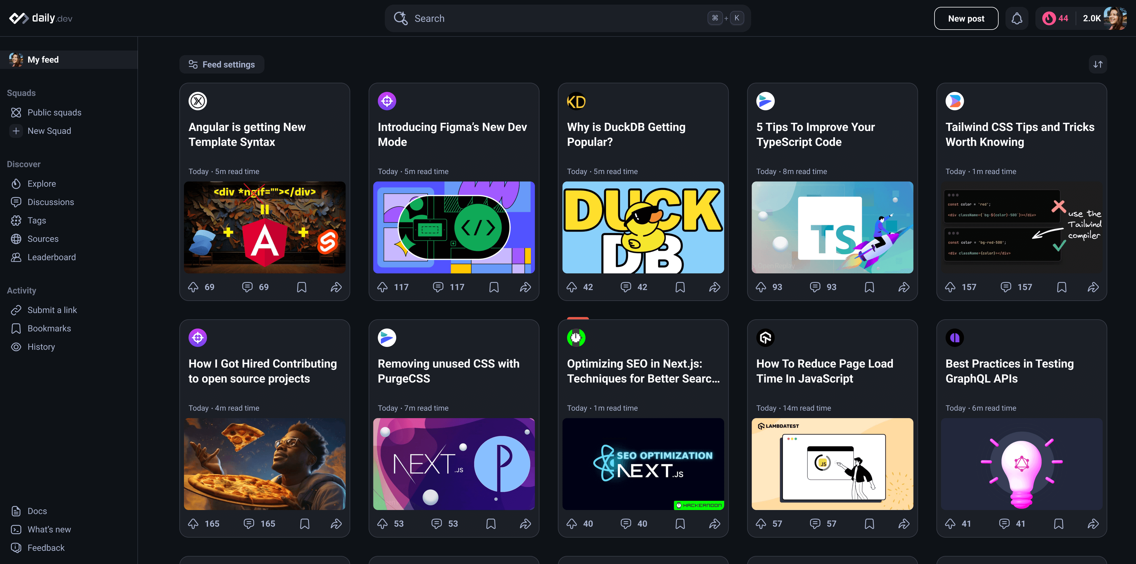 The daily.dev personalised new-tab feed: developer news, articles, and discussions ranked by your stack.
